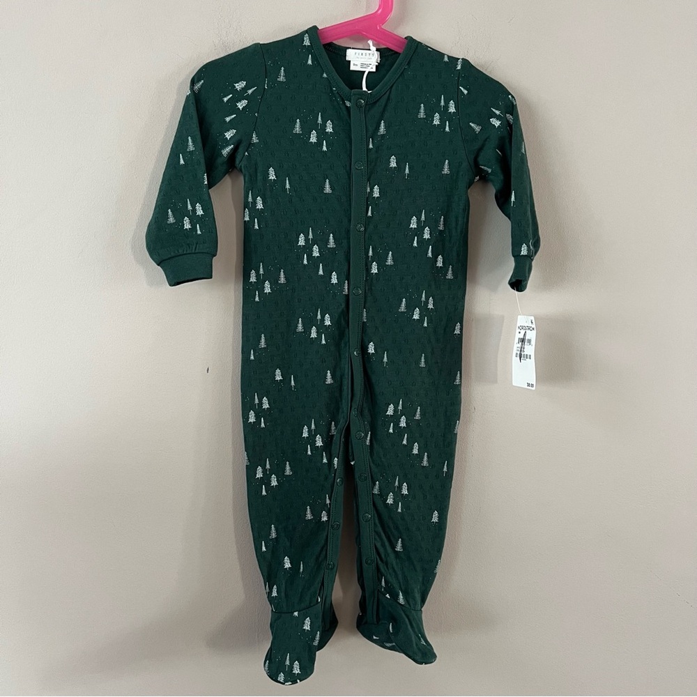 Firsts by Petit Lem Alpine Tree Print Pointelle footie Sleeper 6 mth Pine green